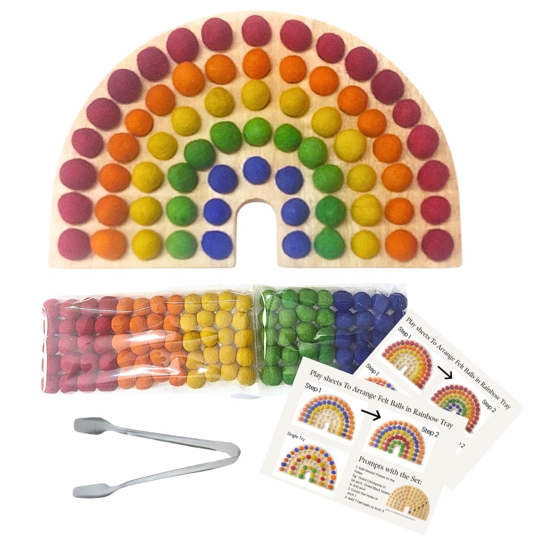 Rainbow Arch Tray with 100 felt balls and Metal tong