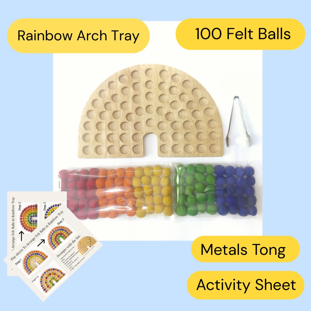 Rainbow Arch Tray with 100 felt balls and Metal tong