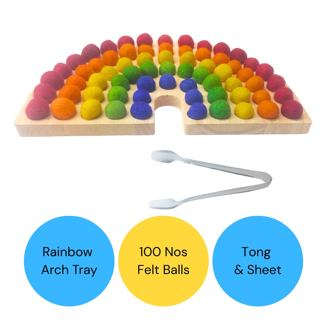 Rainbow Arch Tray with 100 felt balls and Metal tong