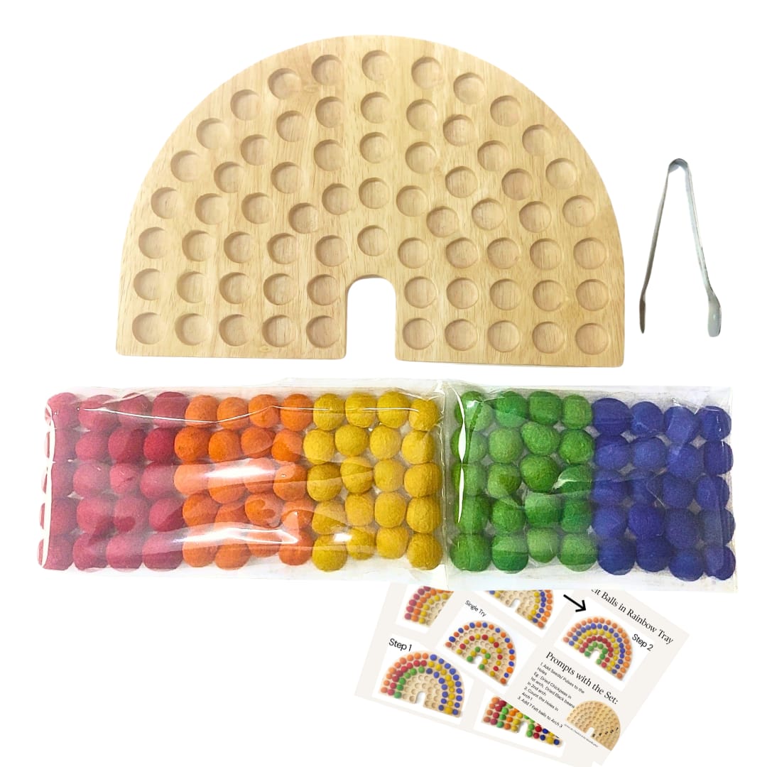 Rainbow Arch Tray with 100 felt balls and Metal tong